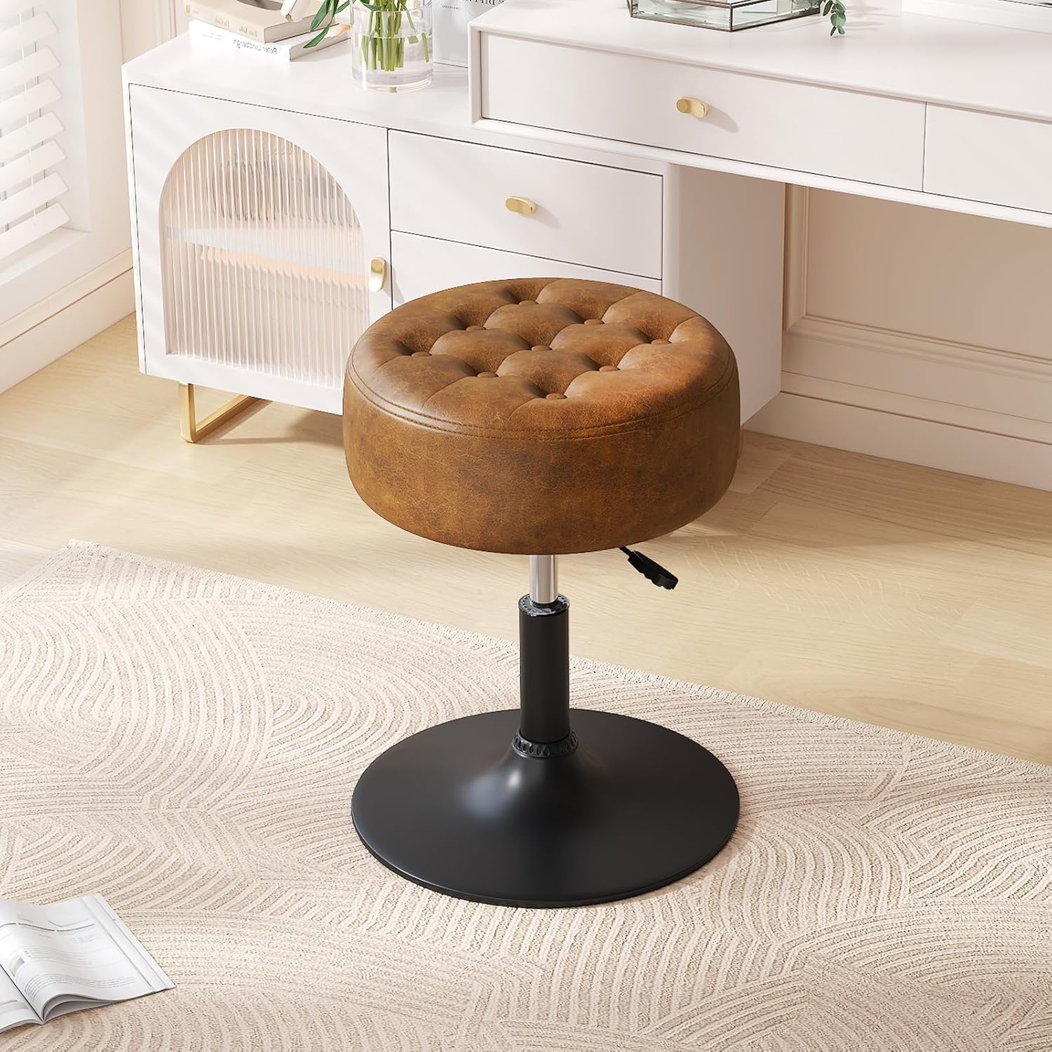 Mid-Century Tufted Adjustable Swivel Makeup Ottoman Stool; Modern Big Size Round Vanity Stool Chair for Bedroom Living Room (White)