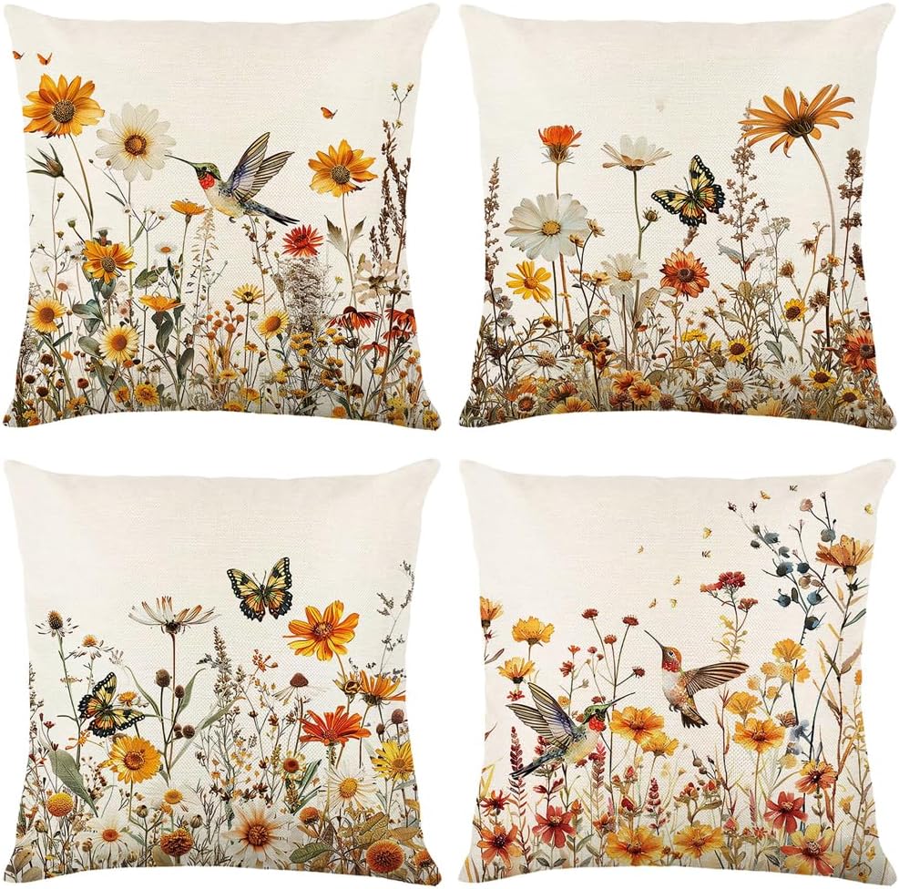 wyooxoo Throw Pillow Covers 18x18 Set of 4 Decorative Spring Pillow Covers Linen Flower Butterfly Farmhouse Pillowcases for Sofa Couch Living Room Outdoor