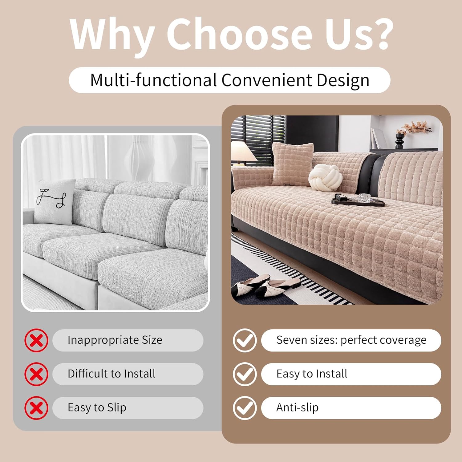 Couch Cover, Washable Sectional Sofa Cover, Anti Slip Sofa Slipcovers for 3 Cushion Couch Sofa L Shaped Recliner, Furniture Protector Covers for Pets Kids(Khaki, Only 1 PCS)