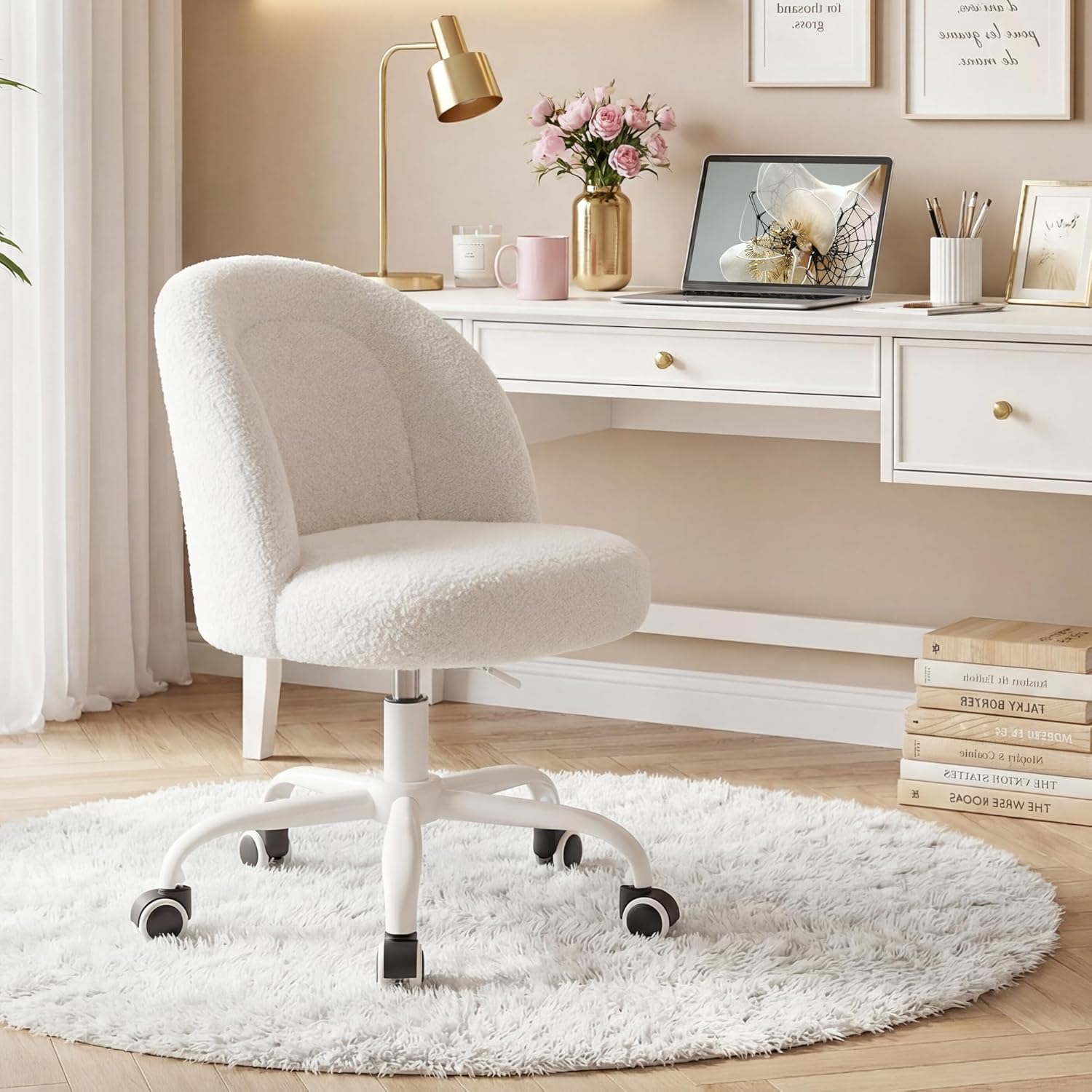Vanity Chair, Small Desk Chair with Back, Height Adjustable & 360° Swivel, Stylish Armless Comfy Vanity Office Chair for Small Space, Bedroom