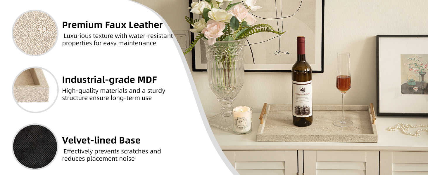 Modern Decorative Tray Set of 2 Ivory Shagreen Leather and Wood Serving Tray with Gold Polished Metal Handles for Ottoman, Coffee Table, Bathroom and More