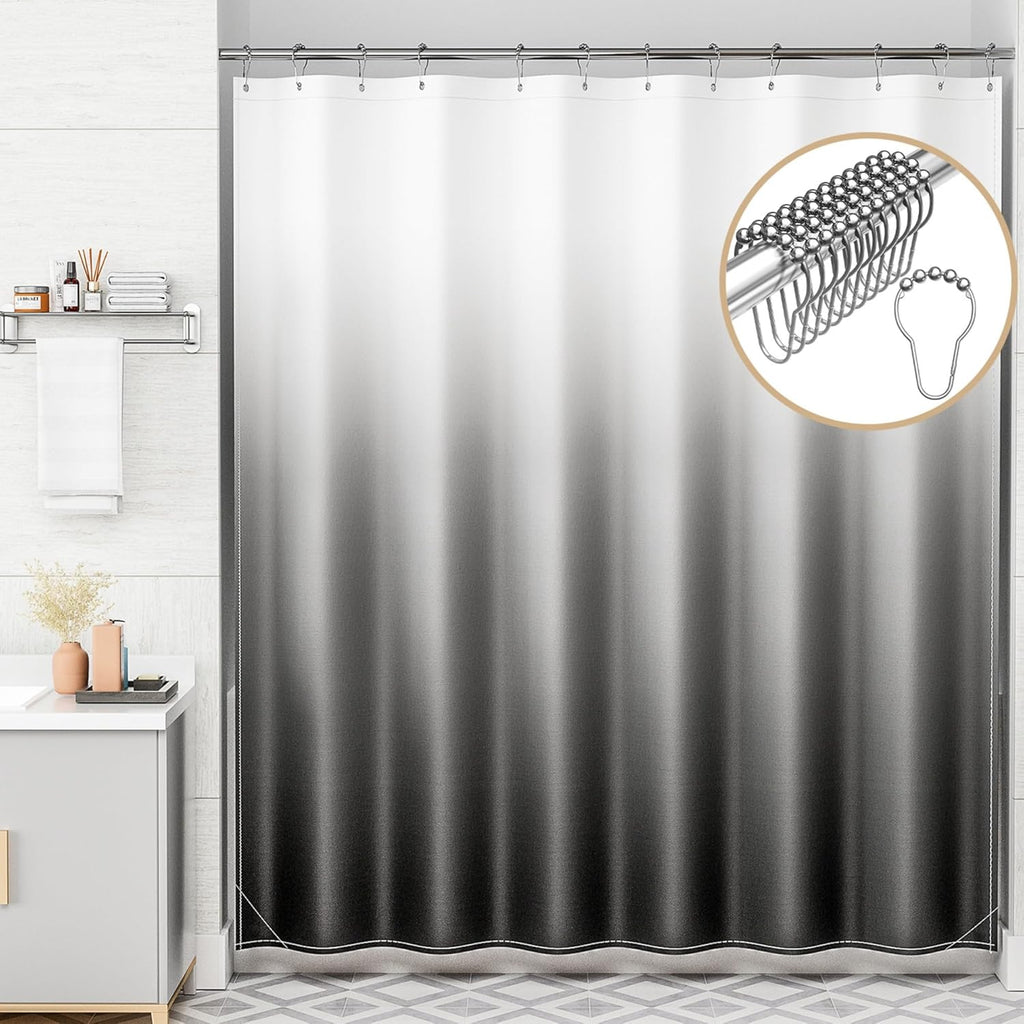 Shower Curtain, Cloth Ombre Black Shower Curtain Set with 12 Hooks, Washable Fabric Black and White Shower Curtain, Rustic Farmhouse Bathroom Shower Curtain, 72x72 Inches