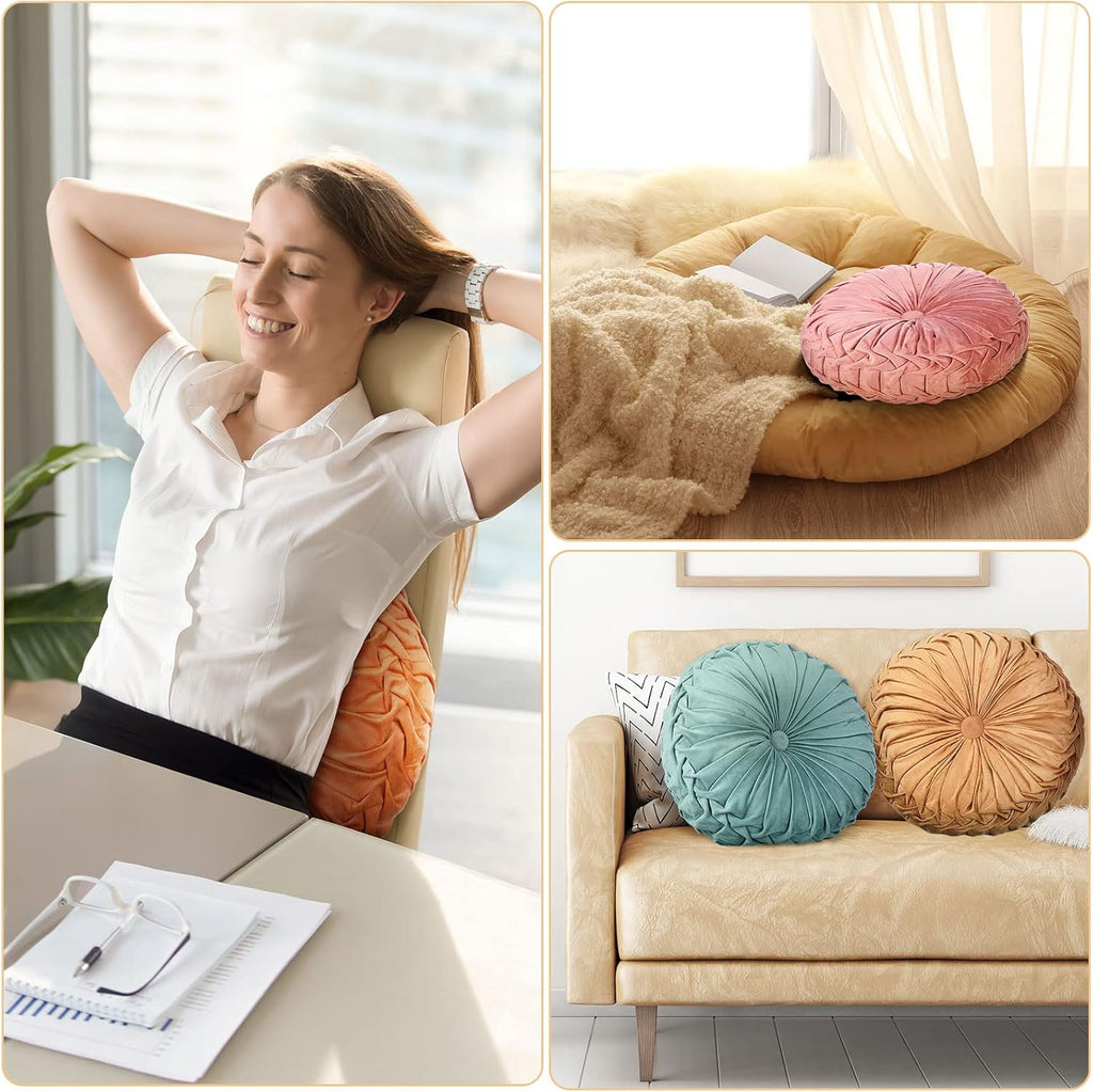 Kathfly Set of 4 Decorative Round Pleated Throw Pillows, Classy Velvet Pumpkin Round Throw Pillows, Decorative Floor Pillow for Bed Chair Home Sofa Decor, 14" Diameter(Colorful)