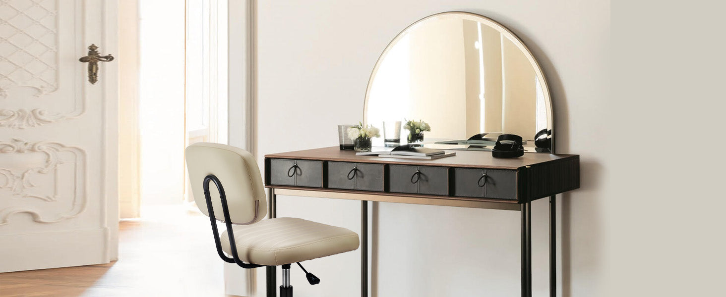Small Office Desk Chair - Armless PU Leather with Comfy Lumbar Support, Height Adjustable Rolling Swivel Task for No Arms, for Adult, Student, Bedroom, Home, Vanity, Beige White