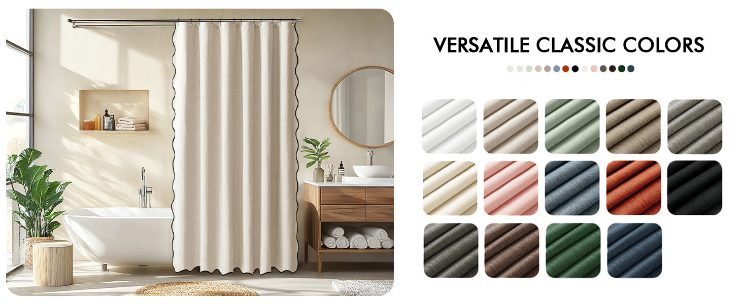 Beige Scalloped Shower Curtain Linen Textured with 12 Metal Hooks Cute Heavy Duty Washable Waterproof Neutral Thick Cloth Shower Curtains with Black Border for Bathroom Bathtub,W72*L72 Cream