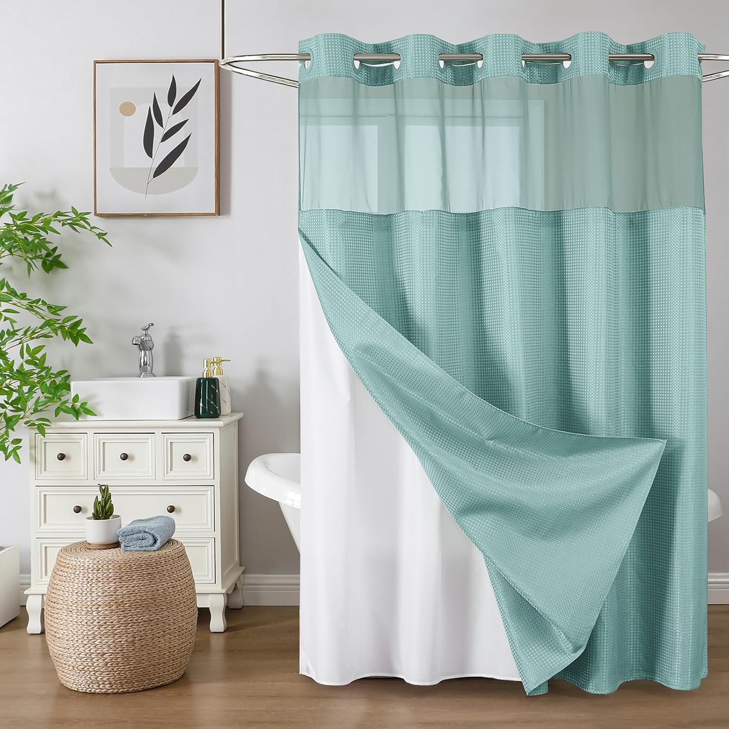 No Hook Waffle Shower Curtain with Snap in Fabric, Waterproof Shower Curtains with See Through Top Window, Hotel Luxury Heavy Duty Bathroom Curtain and Liner Set, 72'' x 75'', Black